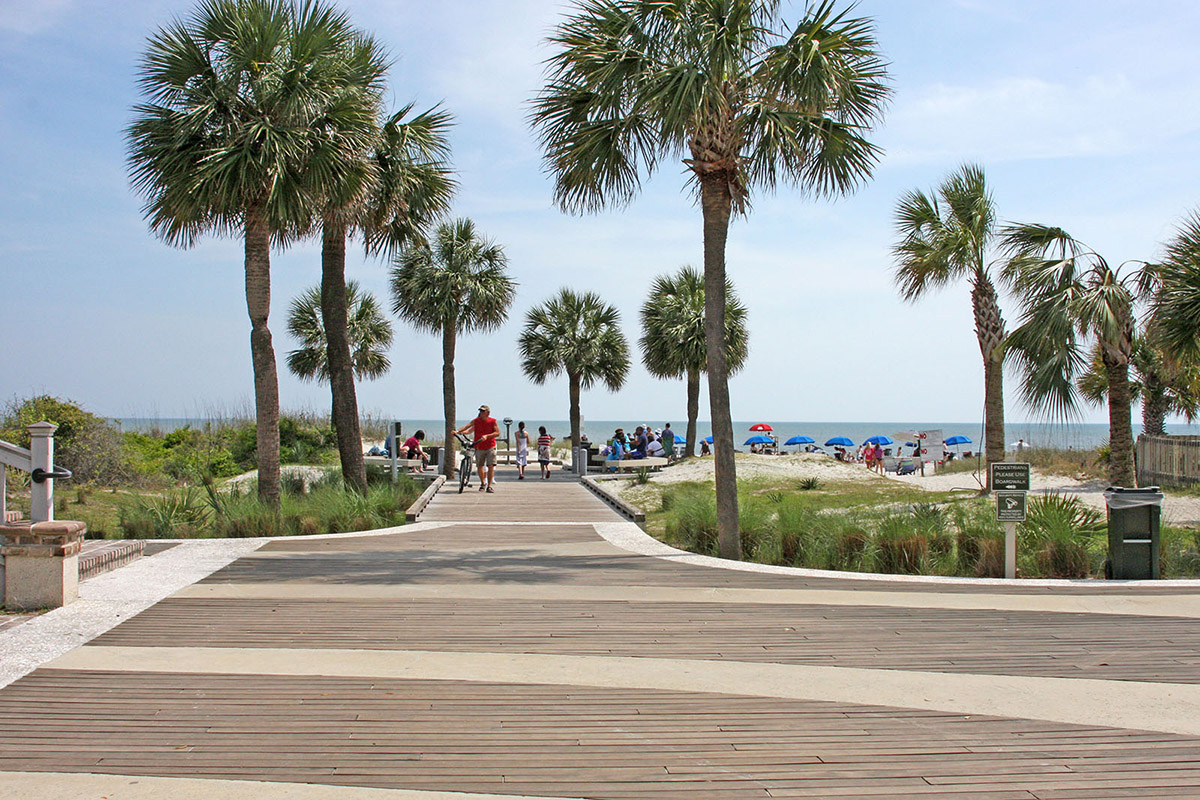 People walking on the Coligny Beach Park beach access 