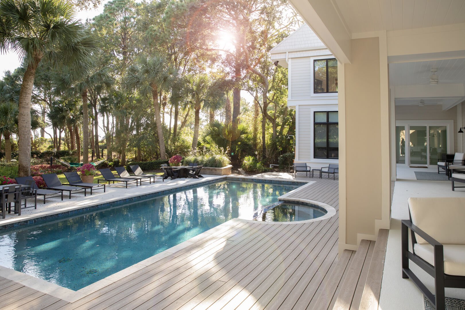 Backyard and pool views at 14 Juniper Lane Vacation rental